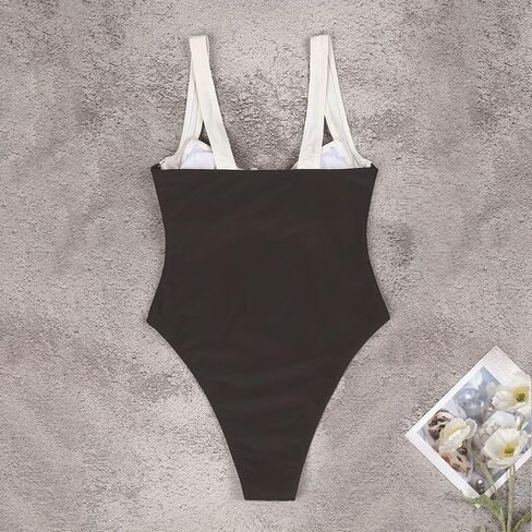 Women One Piece Swimsuit Color Block Underwire V Neck Monokini High Cut Bathing Suit Black White Swimwear in Kuwait