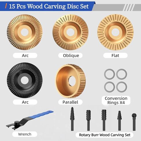 15PCS Wood Carving Disc Set for Angle Grinder, 4" & 4.5" Wood Shaping Disc & Grinding Wheel, Carbon Steel Carving Discs with Rotary Burrs, 5/8" & 7/8" Adapter Rings in Kuwait