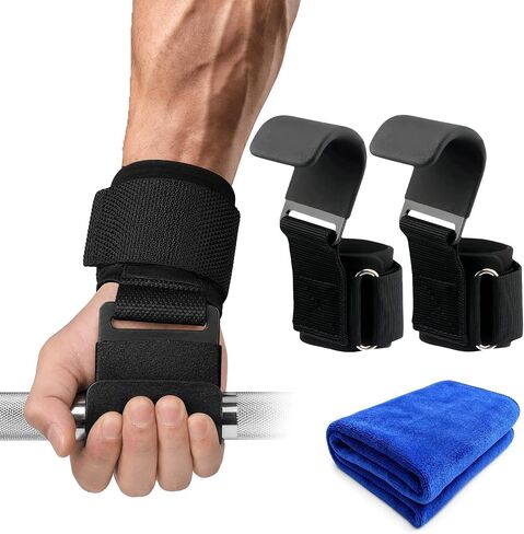 Weight Lifting Hooks (Pair) 600 lbs Capacity, Heavy Duty Wrist Straps with Padded Grip Support for Deadlifts, Pull Ups, Rows & Shrugs, Gym Hooks for Men & Women with Gym Towel in Kuwait