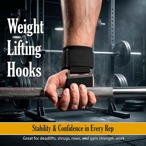 Weight Lifting Hooks (Pair) 600 lbs Capacity, Heavy Duty Wrist Straps with Padded Grip Support for Deadlifts, Pull Ups, Rows & Shrugs, Gym Hooks for Men & Women with Gym Towel in Kuwait