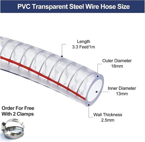 PVC Tube Steel Wire Tubing Flexible， Inner Diameter 13 mm Clear Flexible Transparent Smooth Vinyl Tubing 1M Length with 2 Clamps(Wall Thickness 2.5mm) in Kuwait