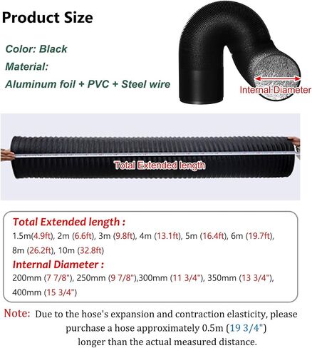 Dryer Hose Vent Kit with Clamps & Aluminum Foil Tape, Black Flexible Dryer Vent Hose Kit, Stretchable Garage Exhaust Hose Pipe for Stove Vent(Black-300mm(11 3/4"),3m (9.8ft)) in Kuwait