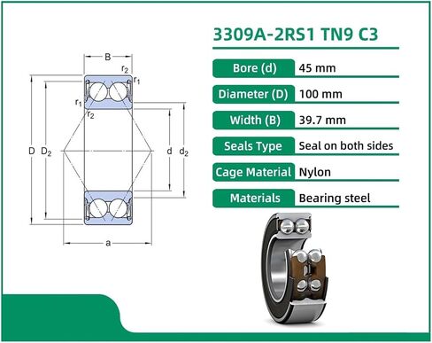 3309A-2RS1 TN9 C3 3309 45x100x39.7 محامل كروية الاتصال الزاوي المزدوج in Kuwait