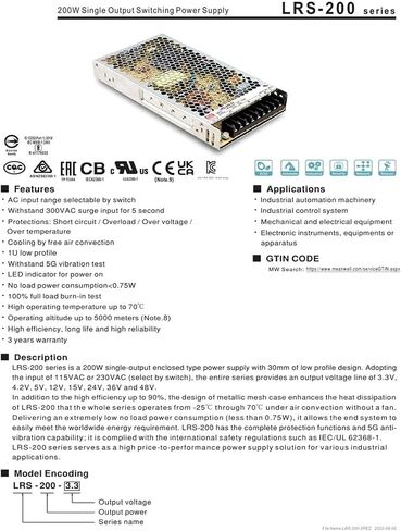 LRS-200-24 متوسط ​​24 فولت/8.8 أمبير/211 وات تيار مستمر لإمداد الطاقة بتبديل مخرج واحد in Kuwait