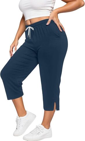 Womens Capri Yoga Pants Loose Workout Joggers Casual Side Slit Drawstring Sweatpants Lounge Pajama Capris Pants in Kuwait