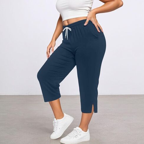 Womens Capri Yoga Pants Loose Workout Joggers Casual Side Slit Drawstring Sweatpants Lounge Pajama Capris Pants in Kuwait