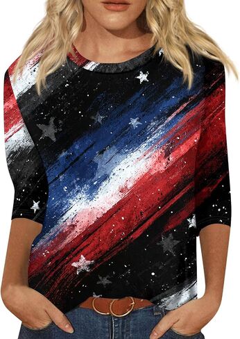 Womens Tops 2026 Independence Day Summer Trendy Cute Going Out Spring Tees Crewneck Basics Tshirts 3/4 Length Sleeve Shirts in Kuwait