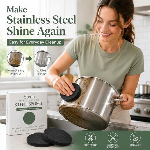 3-Pack Stainless Steel Cleaning Sponge, Non-Scratch Scrubber for Burnt-On Stains on Pots, Pans & Cookware, Reusable Stainless Steel Safe Kitchen Sponge in Kuwait