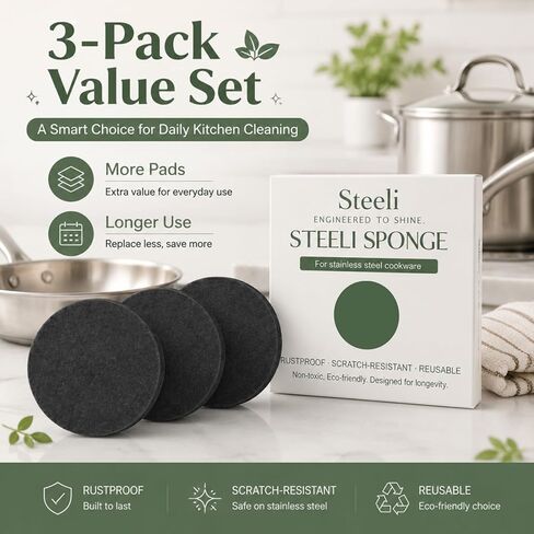 3-Pack Stainless Steel Cleaning Sponge, Non-Scratch Scrubber for Burnt-On Stains on Pots, Pans & Cookware, Reusable Stainless Steel Safe Kitchen Sponge in Kuwait