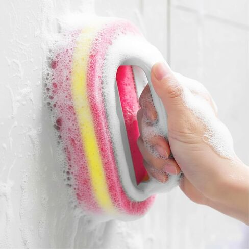 Handheld Sponge Cleaning Brush with Handle Kitchen Sink Tile Bathroom Glass Scrubber Multi Surface Cleaning Pad(Red) in Kuwait