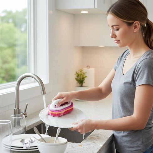 Handheld Sponge Cleaning Brush with Handle Kitchen Sink Tile Bathroom Glass Scrubber Multi Surface Cleaning Pad(Red) in Kuwait