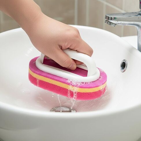 Handheld Sponge Cleaning Brush with Handle Kitchen Sink Tile Bathroom Glass Scrubber Multi Surface Cleaning Pad(Red) in Kuwait
