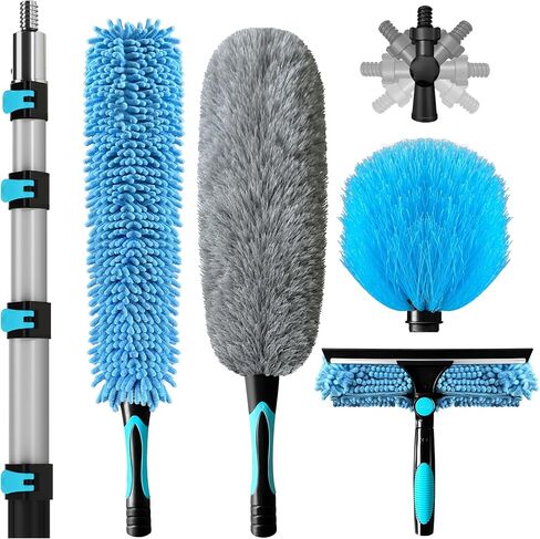COVERONICS 20FT High Duster Cleaning Tools with 3-12FT Extension Poles - Reusable Fan Duster Cleaning Kits with Ceiling Fan Cleaner Duster, Window Squeegee, Microfiber Feather Duster & Cobweb Duster in Kuwait