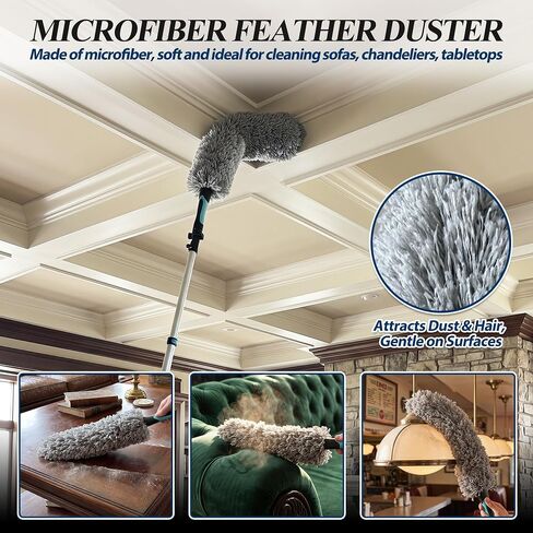 COVERONICS 20FT High Duster Cleaning Tools with 3-12FT Extension Poles - Reusable Fan Duster Cleaning Kits with Ceiling Fan Cleaner Duster, Window Squeegee, Microfiber Feather Duster & Cobweb Duster in Kuwait