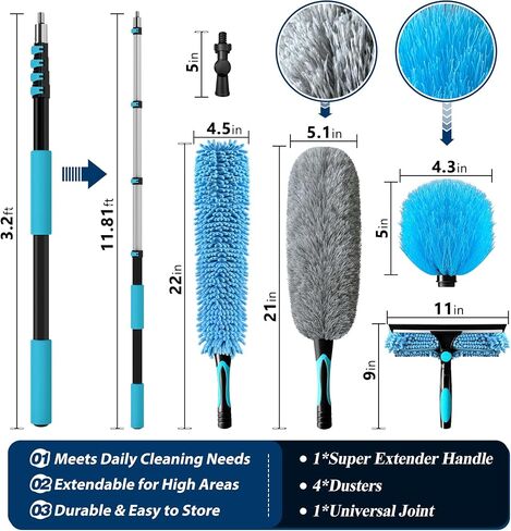 COVERONICS 20FT High Duster Cleaning Tools with 3-12FT Extension Poles - Reusable Fan Duster Cleaning Kits with Ceiling Fan Cleaner Duster, Window Squeegee, Microfiber Feather Duster & Cobweb Duster in Kuwait