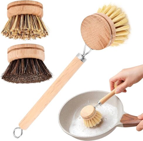 Bamboo Dish Brush with Handle,Natural Kitchen Brushes with 3pcs Replacement Heads, Horsehair, Sisal, Palm,All Purpose Kitchen Scrub Brush,Fruit and Veggie Brush Scrubber in Kuwait