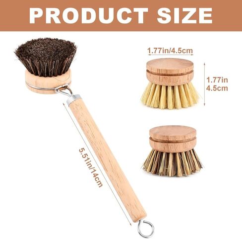 Bamboo Dish Brush with Handle,Natural Kitchen Brushes with 3pcs Replacement Heads, Horsehair, Sisal, Palm,All Purpose Kitchen Scrub Brush,Fruit and Veggie Brush Scrubber in Kuwait