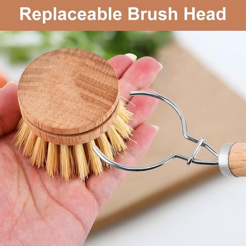 Bamboo Dish Brush with Handle,Natural Kitchen Brushes with 3pcs Replacement Heads, Horsehair, Sisal, Palm,All Purpose Kitchen Scrub Brush,Fruit and Veggie Brush Scrubber in Kuwait
