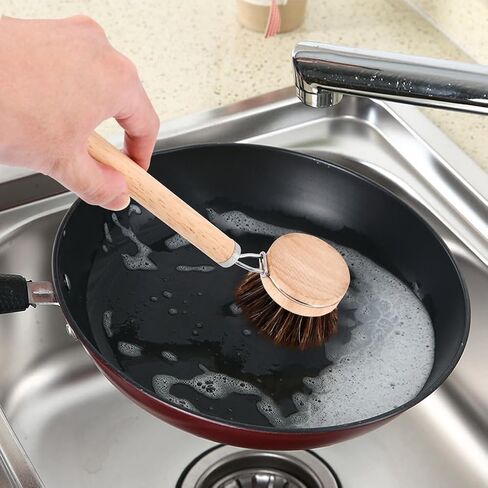 Bamboo Dish Brush with Handle,Natural Kitchen Brushes with 3pcs Replacement Heads, Horsehair, Sisal, Palm,All Purpose Kitchen Scrub Brush,Fruit and Veggie Brush Scrubber in Kuwait