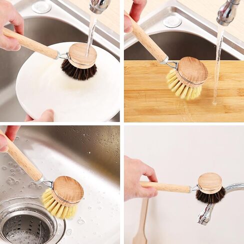 Bamboo Dish Brush with Handle,Natural Kitchen Brushes with 3pcs Replacement Heads, Horsehair, Sisal, Palm,All Purpose Kitchen Scrub Brush,Fruit and Veggie Brush Scrubber in Kuwait