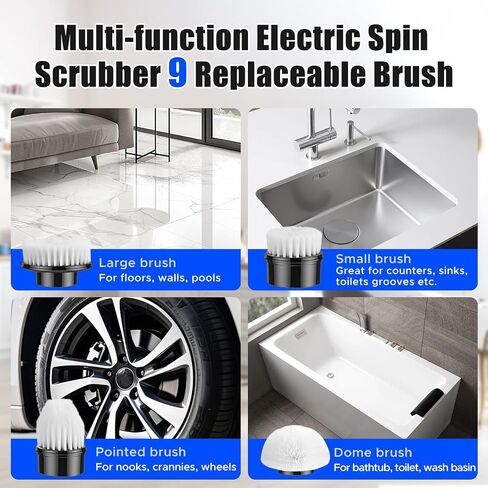 Electric Spin Scrubber, Bathroom Scrubber, Cordless Shower Cleaner Brush, 9 Replaceable Brush Heads, 2-Speed Adjustable, 2000mAh Battery, for Shower Tub Kitchen Tile Toilet in Kuwait