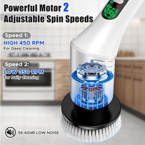 Electric Spin Scrubber, Bathroom Scrubber, Cordless Shower Cleaner Brush, 9 Replaceable Brush Heads, 2-Speed Adjustable, 2000mAh Battery, for Shower Tub Kitchen Tile Toilet in Kuwait