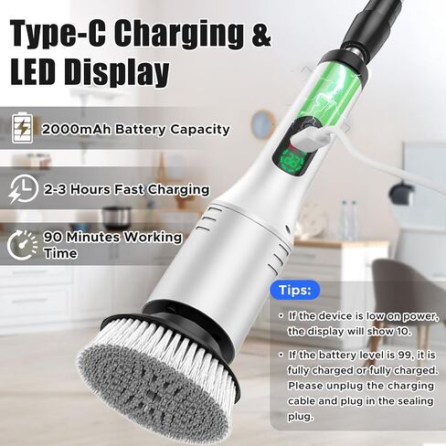 Electric Spin Scrubber, Bathroom Scrubber, Cordless Shower Cleaner Brush, 9 Replaceable Brush Heads, 2-Speed Adjustable, 2000mAh Battery, for Shower Tub Kitchen Tile Toilet in Kuwait