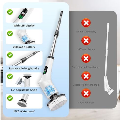 Electric Spin Scrubber, Bathroom Scrubber, Cordless Shower Cleaner Brush, 9 Replaceable Brush Heads, 2-Speed Adjustable, 2000mAh Battery, for Shower Tub Kitchen Tile Toilet in Kuwait