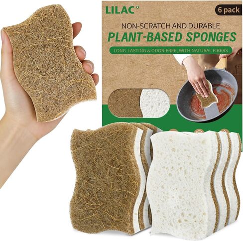 LILAC Natural Cellulose Sponges for Dishes - Ergonomic Non-Scratch Kitchen Scrub Sponges - 100% Biodegradable & Eco-Friendly Cleaning Sponges for Non-Stick Cookware, Bathroom & Household (6 Pack) in Kuwait