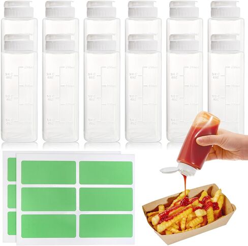 Goaste 12 Pack 8OZ Plastic Condiment Squeeze Bottles, Clear Square Squirt Bottles with Flip Top Cap, Leakproof Refillable Dispensers with Labels for Sauces, Ketchup, Mustard, Barbecue, Syrup, Paint in Kuwait