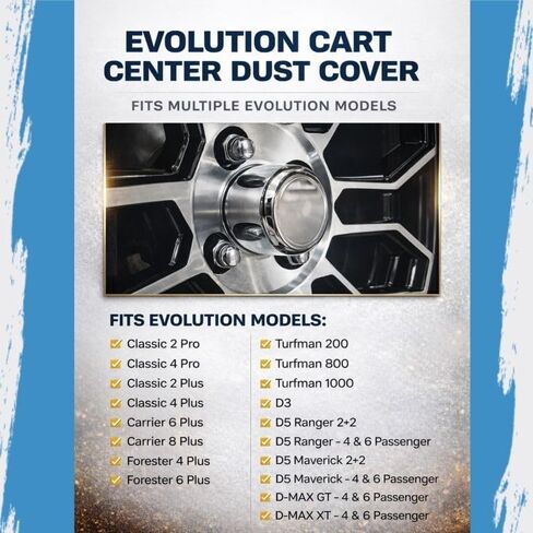 Evolution Golf Cart Center Dust Cover Hub Cap for New Tires – Fits Classic, Carrier, Forester, Turfman, D5 & D5 2+2 Ranger & Maverick Models | Compatible 215/35R14 & 23x11-14 Wheels, Plastic OEM Style in Kuwait