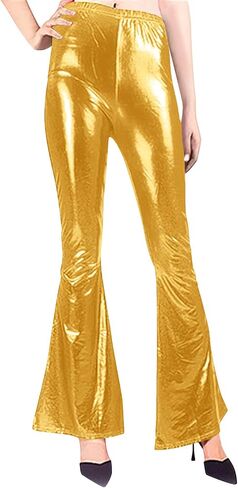 Womens Shiny Metallic Flare Pants Sparkly High Waisted Leg Bell Bottom Holographic Trousers Night Out Clubwear in Kuwait