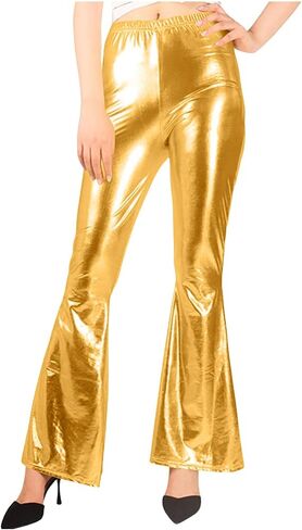Womens Shiny Metallic Flare Pants Sparkly High Waisted Leg Bell Bottom Holographic Trousers Night Out Clubwear in Kuwait