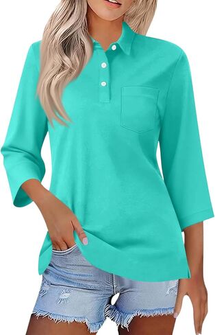 Women's Polo Shirts 3/4 Sleeve Button Down Collared Tops Golf Shirt Business Work Casual Summer Athletic Tennis Shirts in Kuwait