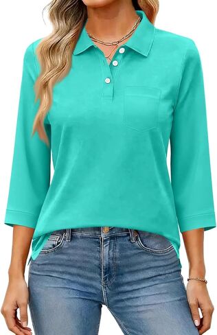 Women's Polo Shirts 3/4 Sleeve Button Down Collared Tops Golf Shirt Business Work Casual Summer Athletic Tennis Shirts in Kuwait