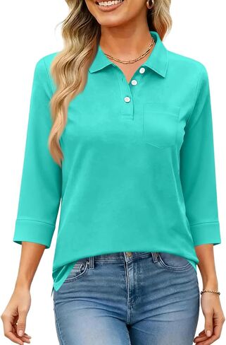Women's Polo Shirts 3/4 Sleeve Button Down Collared Tops Golf Shirt Business Work Casual Summer Athletic Tennis Shirts in Kuwait