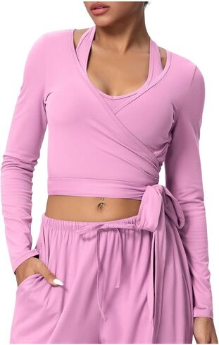HGps8w Wrap Yoga Tops for Women Stretch Casual Long Sleeve Going Out Workout Casual Crop Shirts in Kuwait