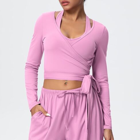 HGps8w Wrap Yoga Tops for Women Stretch Casual Long Sleeve Going Out Workout Casual Crop Shirts in Kuwait