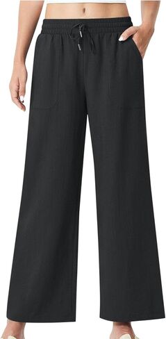 Women Flowy Pants Casual Lightweight Trousers Drawstring Waist Wide Leg Palazzo Beach Pants Loose Fit with Pockets in Kuwait