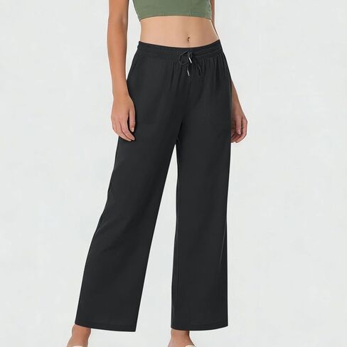 Women Flowy Pants Casual Lightweight Trousers Drawstring Waist Wide Leg Palazzo Beach Pants Loose Fit with Pockets in Kuwait