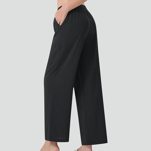 Women Flowy Pants Casual Lightweight Trousers Drawstring Waist Wide Leg Palazzo Beach Pants Loose Fit with Pockets in Kuwait