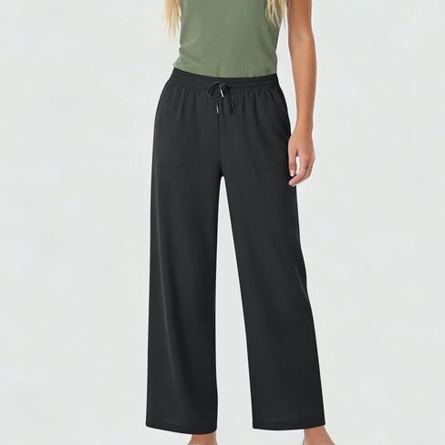 Women Flowy Pants Casual Lightweight Trousers Drawstring Waist Wide Leg Palazzo Beach Pants Loose Fit with Pockets in Kuwait