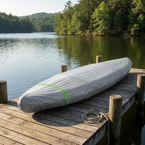 Deosk Fit 9.3-10.5ft Kayak Cover With Fluorescent Green Reflective Strip Waterproof & Windproof Kayaking Covers- 420D Heavy Duty Canoe Protective Cover With Adjustable Drawsting And Buckle(Grey) in Kuwait