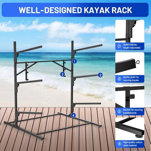 Kayak Storage Rack, Freestanding Steel Rack for 3 Kayaks, Adjustable Arms, with Wheels, for Garage, Dock or Outdoor Storage in Kuwait