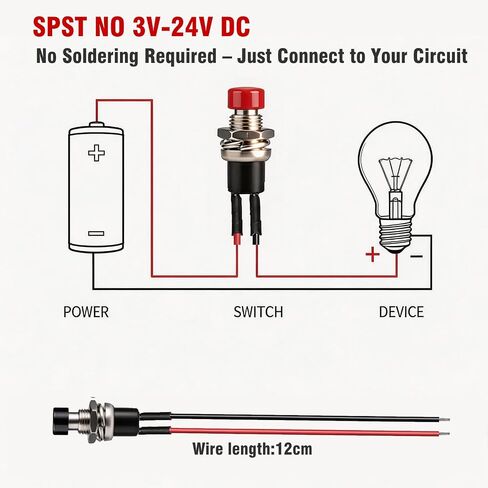 Mini Momentary Push Button Switch - 7mm Prewired SPST ON/Off Round Button for 3V-12V-24V Low Voltage Circuits, Model Railway, Arduino, DIY Projects & Industrial Control - 12PCS (Black) in Kuwait