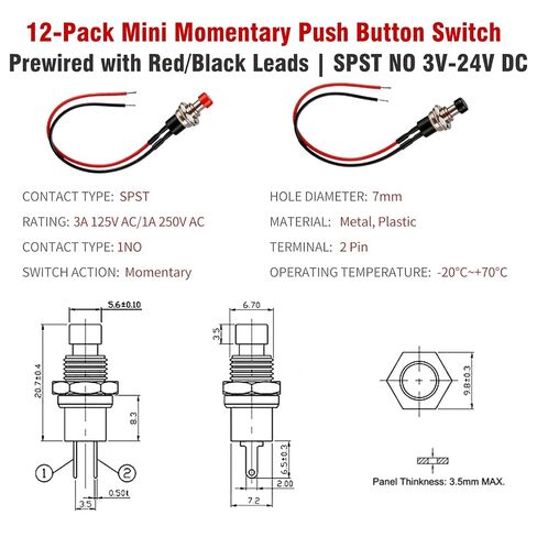 Mini Momentary Push Button Switch - 7mm Prewired SPST ON/Off Round Button for 3V-12V-24V Low Voltage Circuits, Model Railway, Arduino, DIY Projects & Industrial Control - 12PCS (Black) in Kuwait