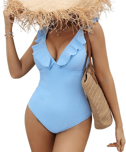 Women's Tummy Control Push Up Slimming High Waisted One Piece Swimsuit - Light Blue V Neck Cut Out Back in Kuwait