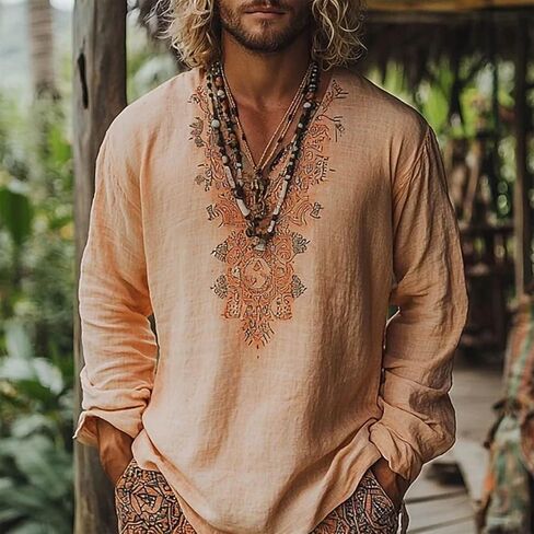 Mens Linen V Neck Henley Shirt Long Sleeve Caftan Hippie Tunic Top Vintage Embroidered Casual Beach Gauze T Shirts in Kuwait