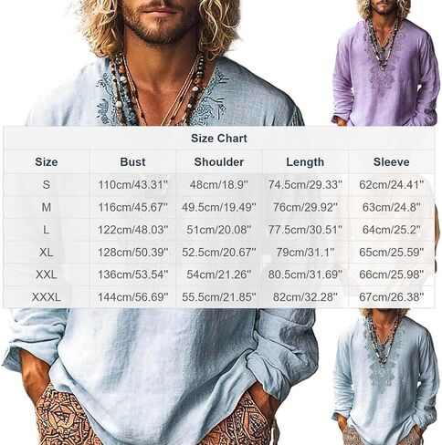 Mens Linen V Neck Henley Shirt Long Sleeve Caftan Hippie Tunic Top Vintage Embroidered Casual Beach Gauze T Shirts in Kuwait