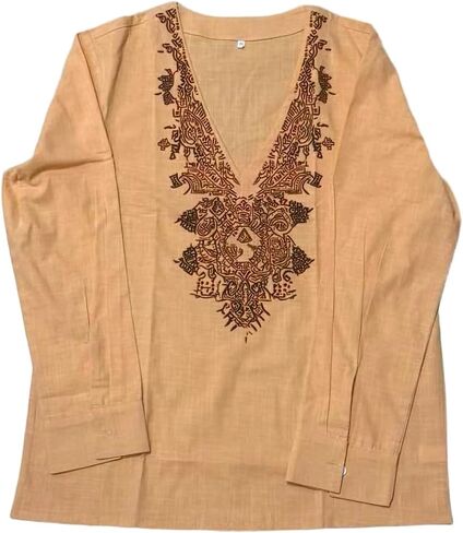 Mens Linen V Neck Henley Shirt Long Sleeve Caftan Hippie Tunic Top Vintage Embroidered Casual Beach Gauze T Shirts in Kuwait